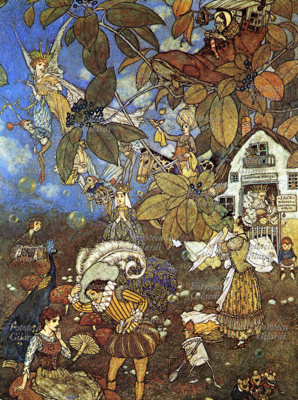 Edmund DULAC (1882-1953) Illustrazione in cui convivono i principali protagonisti delle favole: il Principe Azzurro, fatine ed elfi, il mercante di lampade magiche, un Re ed una Regina degli gnomi con altri oggetti animati. Illustrazione, circa 1910