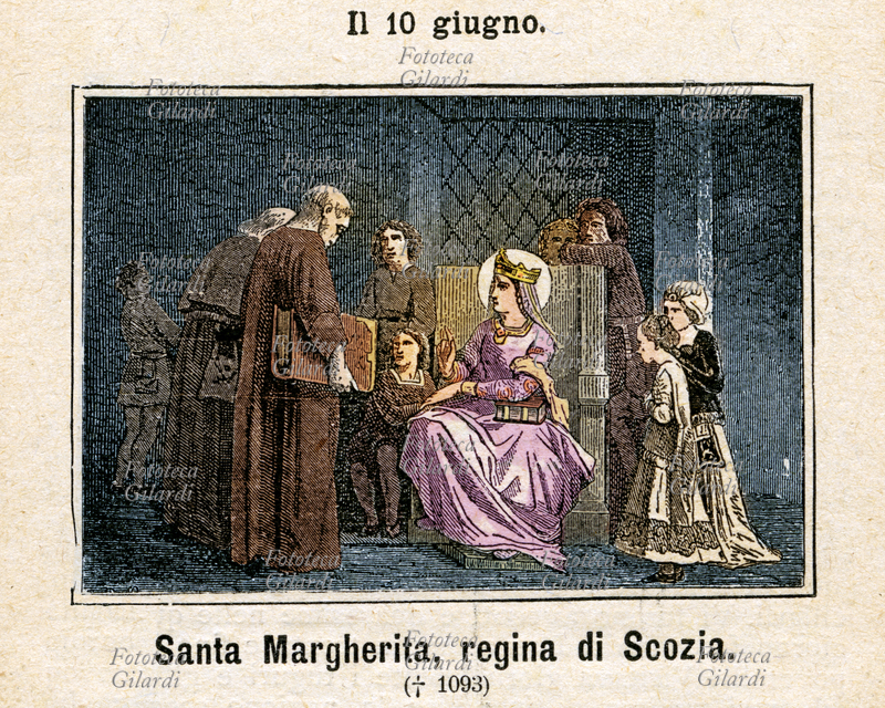 Santa MARGHERITA Queen of Scotland (1045-16 November 1093), daughter of Prince Edward and nephew of Edmund II, and sister of Edgardo Atheling, heir to the throne of England. Queen Consort of Malcom III of Scotland, was for him and for his children an example of charity and fairness. In 1693 Pope Innocent XII stared at his party on June 10, because November 16 was already dedicated to Santa Gertrude Virgin, but the Scots for a long time honored her on the day of her death. When in 1969 the Roman general calendar was reformed, his commemoration was shifted to that day, even though traditional Christian Catholics have continued to commemorate it on the date it was customary. Margaret is also revered as a saint by the Anglican Church. At the time of the press it was officially commemorated on June 10th. Colored Etching, Italy 1886