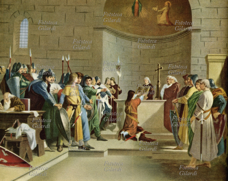 GIURAMENTO DI PONTIDA il 7 aprile 1167. Questo atto unì tra loro i liberi comuni italiani che avevano deciso di riunirsi per meglio opporsi a Federico Barbarossa, segnando la nascita della Lega Lombarda. Stampa XIX secolo
