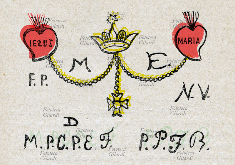 ANTROPOLOGIA CRIMINALE Cuori di Gesù e Maria uniti da un festone coronato, iniziali del tatuato e del tatuatore; disegno eseguito per rilievo e studio dei tatuaggi su persone pregiudicate. Illustrazione da \