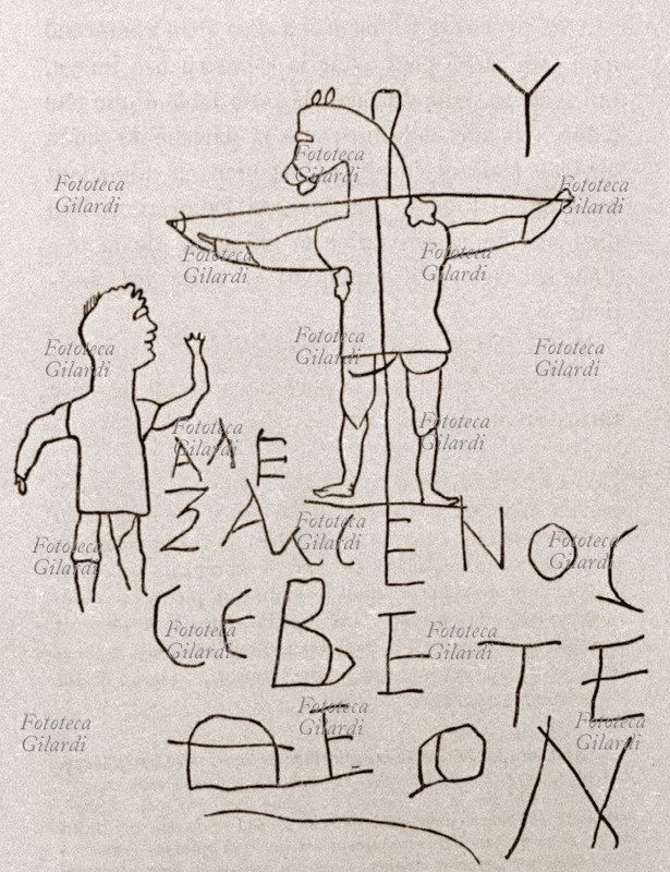 CRISTIANESIMO caricatura di Gesù Cristo in croce, ritrovata graffita su un muro di Roma in età paleocristiana. Disegno rilevato a mano dall\