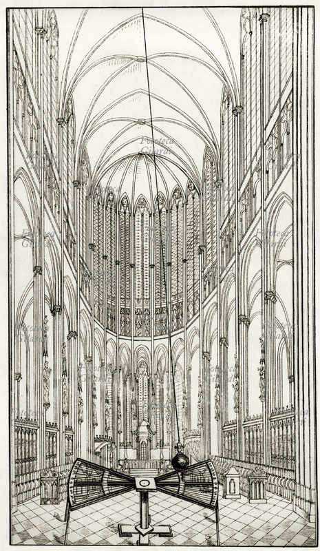 FISICA Dimostrazione del moto rotatorio del globo data nel Duomo di Colonia dal professore di ginnasio C. Garthe nel 1852. Egli ripeté la dimostrazione sperimentale data dal fisico francese Léon Foucault al Pantheon di Parigi, duecento anni dopo le prime sperimentazioni di Galileo Galiei. Incisione, XIX secolo