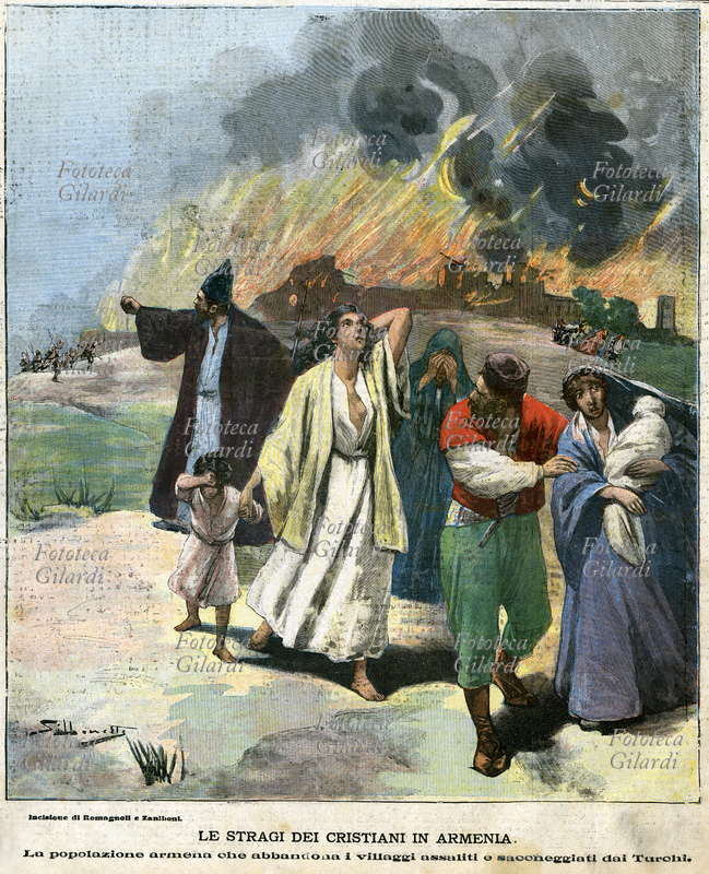 IMPERO OTTOMANO Le stragi dei Cristiani in Armenia. La popolazione Armena abbandona i villaggi assaliti e saccheggiati dai Turchi del sultano Abdul Hamid II. Il gruppo familiare si allontana sgomento dalle abitazioni in fiamme; l\
