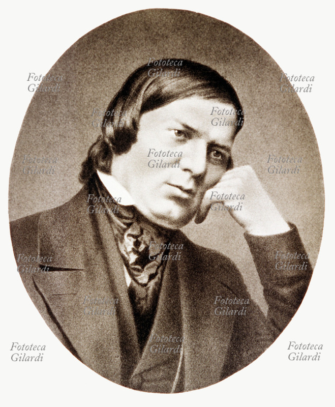 Robert SCHUMANN (8 giugno 1810 – 29 luglio 1856) compositore e musicista tedesco, esponente del romanticismo. Ritratto fotografico, fotocollografia, Germania circa 1890.