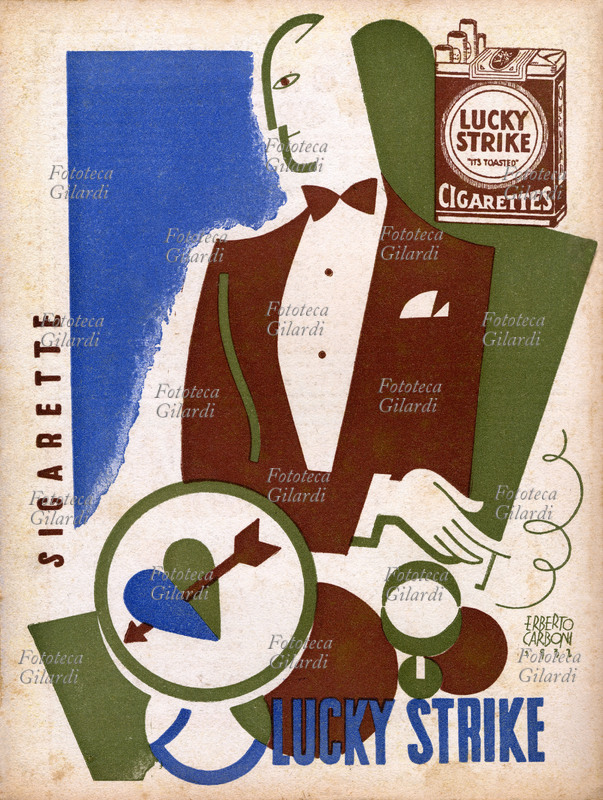 FUMO annuncio pubblicitario per le sigarette Lucky Strike di Erberto Carboni (1899-1984), designer grafico, cartellonista e illustratore. Italia, 1932