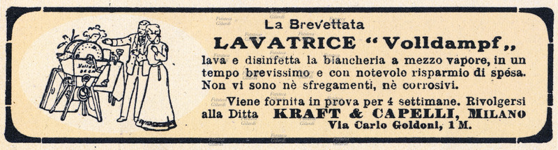 PUBBLICITÀ Annuncio pubblicitario per una delle prime lavatrici, da un giornale italiano della fine del XIX secolo: \