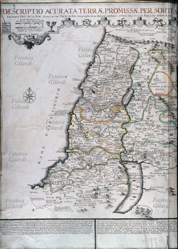 GEOGRAFIA SACRA Descriptio Acurata Terrae Promissae per Sortes. Carta disegnata da Philippe de la Rue ed aggiornata da Nicolas de Fer (1646-1720), cartografo e geografo di Sua Maestà Cattolica. Parigi, 1707 circa.