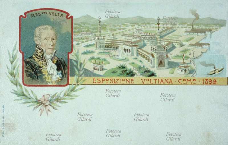 Alessandro VOLTA (1745-1827) Esposizione voltiana, Como 1899. Cromolitografia commemorativa, Stab. E. Berardi, Milano 1899.