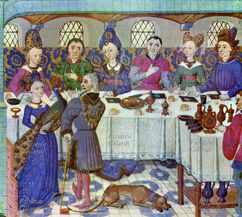 BANQUET prints of XIX the century from Miniature of the XV. illustrating convito between noble. On the left a checkers extension a peacock, that it will come then eaten roast.