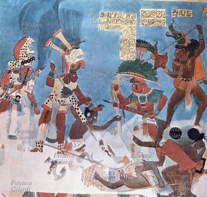 MAYA Guerrieri vittoriosi contro una tribù rivale ottengono prigionieri da sacrificare. Particolare dagli affreschi nel Tempio delle pitture murali di Bonampak, Messico, VIII secolo