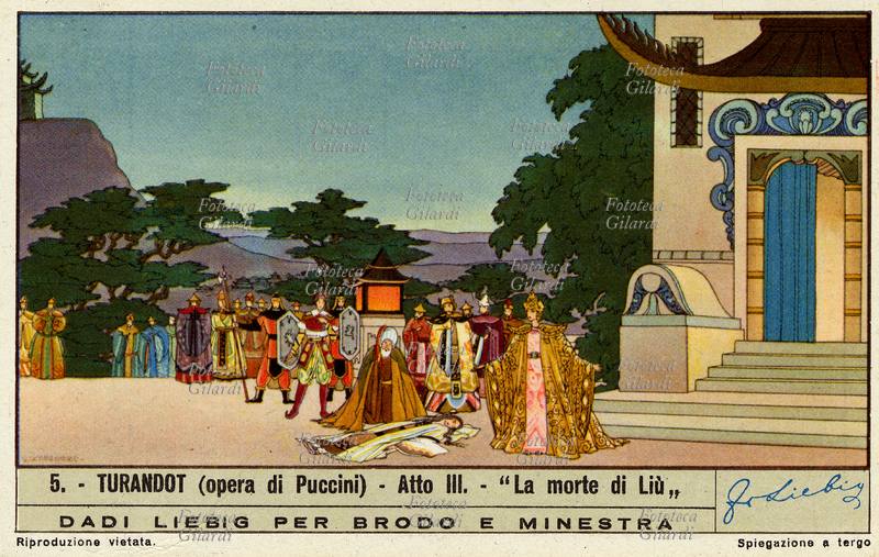 TURANDOT - Atto III, "La morte di Liù" - Seppure torturata dagli sgherri Liù non rivela il nome del Principe Ignoto, fedele al suo segreto amore per Calaf. Quando Turandot chiama il boia per giustiziarla ella le grida una profezia: il suo gelo sarà disciolto dall\