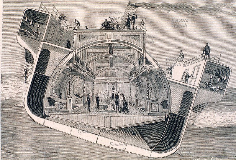Henry BESSEMER (19 gennaio 1813 – 15 marzo 1898) ingegnere e inventore britannico. Progetto per un salone stabile sui piroscafi, 1875. Incisione del XIX secolo.