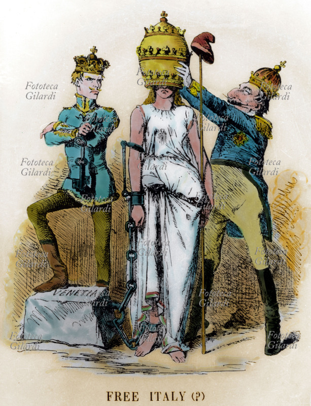 RISORGIMENTO "Free Italy?" Personification of Italy, her vision obscured by the enormous papal tiara that Napoleon III tries to remove from her head, and chained hand and foot to the rock of Austrian Venice. Caricature, United Kingdom, circa 1860.