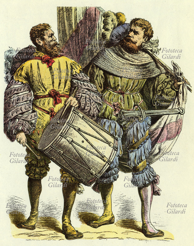 LANZICHENECCHI soldati mercenari tedeschi del 1500. Tamburino e alfiere. Stampa dalla raccolta di tavole illustrate \