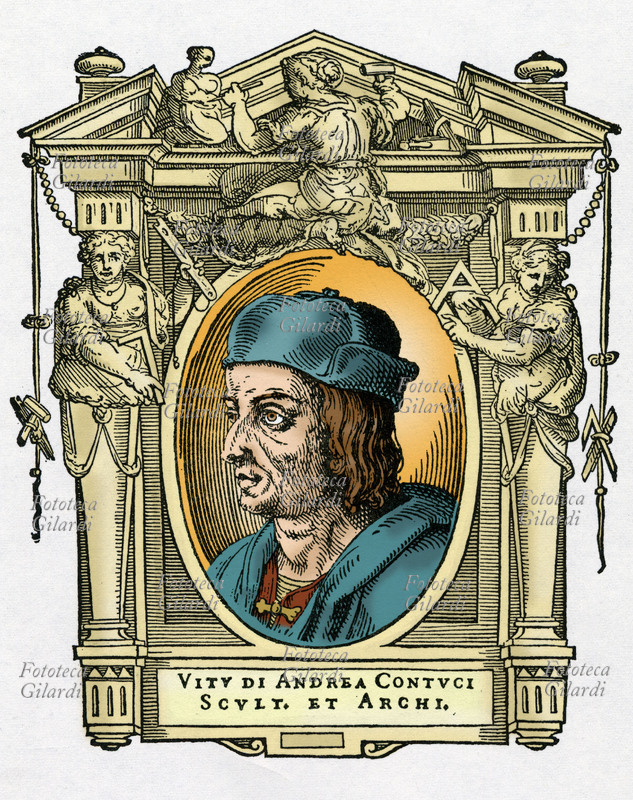 SANSOVINO (1467-1529), soprannome con cui è noto Andrea di Niccolò di Menco di Muccio, chiamato dai posteri anche Andrea Contucci, scultore e architetto italiano attivo dapprima a Firenze nella chiesa di Santo Spirito e a Fiesole (altare Ferrucci nel Duomo). Il ritratto è racchiuso in una cornice decorata con figure allegoriche e strumenti delle arti. Illustrazione colorizzata su base xilografica del XVI secolo, dal trattato \