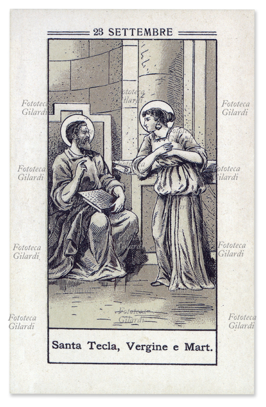 SANTA TECLA di Iconio, I sec. - Vergine e martire, Santa della Chiesa cattolica (23 settembre) e della Chiesa cristiana ortodossa (24 settembre) Santa Patrona di Este; Mirto; Osimo; e dei malati di cancro alle ossa. Immaginetta inizio del XX secolo