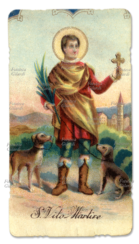SAN VITO MARTIRE (III- IV secolo) Il Santo protettore di Regalbuto è raffigurato con la palma del martirio, due cani e la Croce. immaginetta cromolitografica, 1890 circa