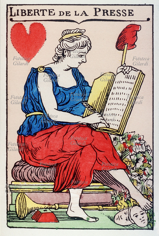 RIVOLUZIONE FRANCESE allegoria della Libertà di Stampa (seme di cuori): la donna scrive liberamente all\