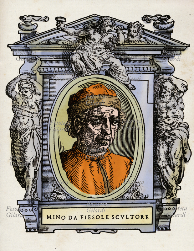 MINO DA FIESOLE (agosto 1429 - 11 luglio 1484), nome col quale è meglio noto Mino di Giovanni Mini da Poppi, scultore italiano. Il ritratto in ovale è racchiuso in una cornice decorata con figure allegoriche e strumenti delle arti. Illustrazione colorizzata su base xilografica del XVI secolo, dal trattato \