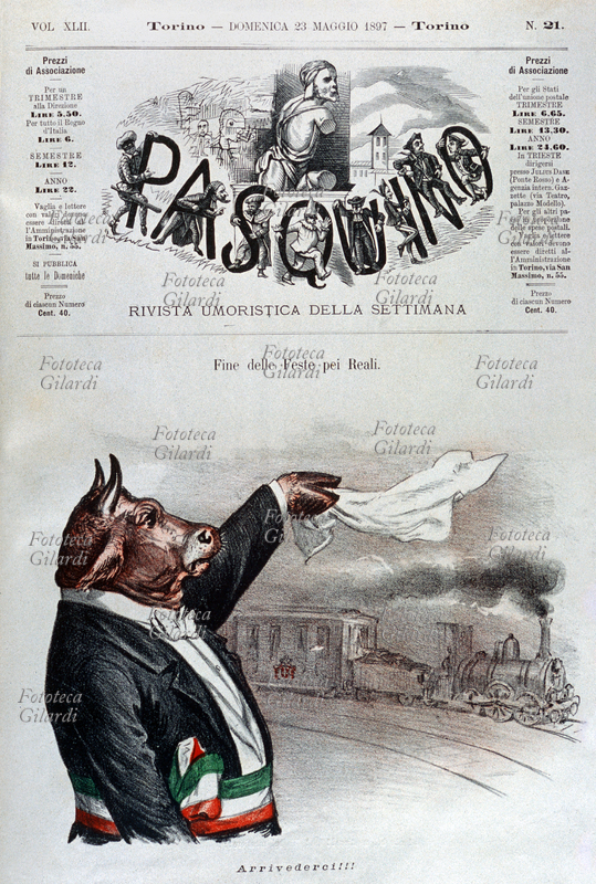CARICATURA "Fine delle Feste pei Reali - Arrivederci!!!". Il Toro-sindaco che incarna la città di Torino saluta spiegando il fazzoletto il convoglio sabaudo che si allontana. Copertina de \