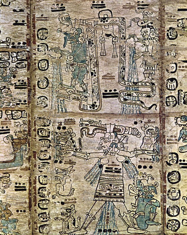 MAYA - Pagina tratta dal Codex Tro-Cortesianus, testo di divinazione usato dai sacerdoti indovini. Nel disegno, che simboleggia la stagione delle piogge, vi sono raffigurate diverse divinità che versano acqua.