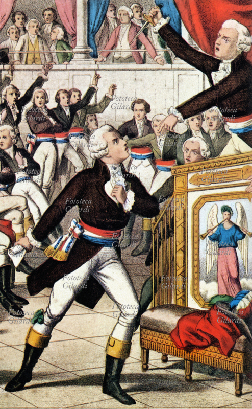 Maximilien ROBESPIERRE (1758-1794) Tallien alla tribuna, brandisce un pugnale per impedire a Robespierre di parlare, durante la seduta del 9° Termidoro. Stampa popolare dell\