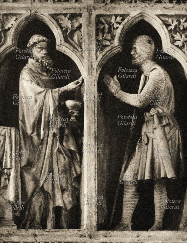 MEDIOEVO Un Cavaliere crociato prende la Comunione prima della partenza. Bassorilievo dalle decorazioni della Cattedrale di Reims. Francia, XIII secolo
