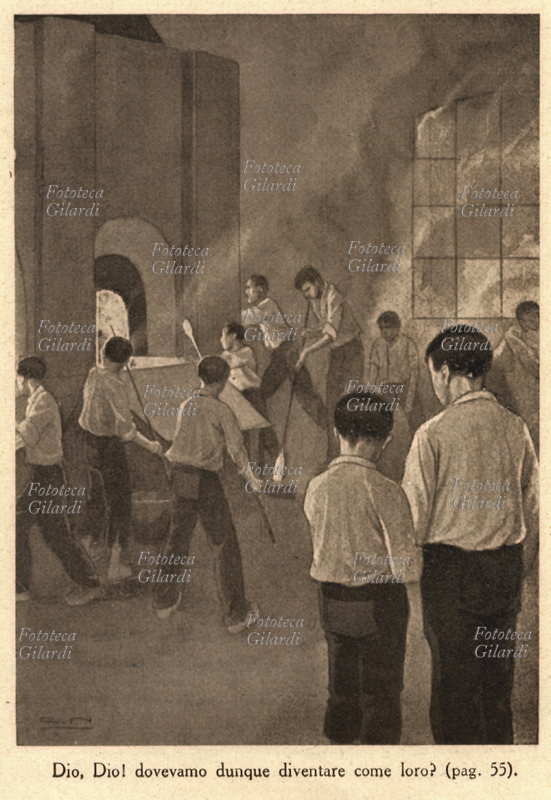 MESTIERI illustrazione di Carlo Nicco (1883-1937) per il romanzo "Il racconto del piccolo vetraio" di Olimpia De Gaspari: "Dio, Dio! dovevamo dunque diventare come loro?..."; i due fratelli entrano nella fornace, e vedono i ragazzi più grandi maneggiare le masse di vetro fuso fra i fumi brucianti. Si tratta di una straziante storia di miseria: nella speranza di offrire ai figli un futuro migliore, un pescatore in disgrazia affida i suoi due bambini ad un trafficante francese senza scrupoli, che gli promette di impiegarli nella sua vetreria. I due ragazzini vengono però sfruttati senza pietà, tanto che presto uno si ammala e muore. L\