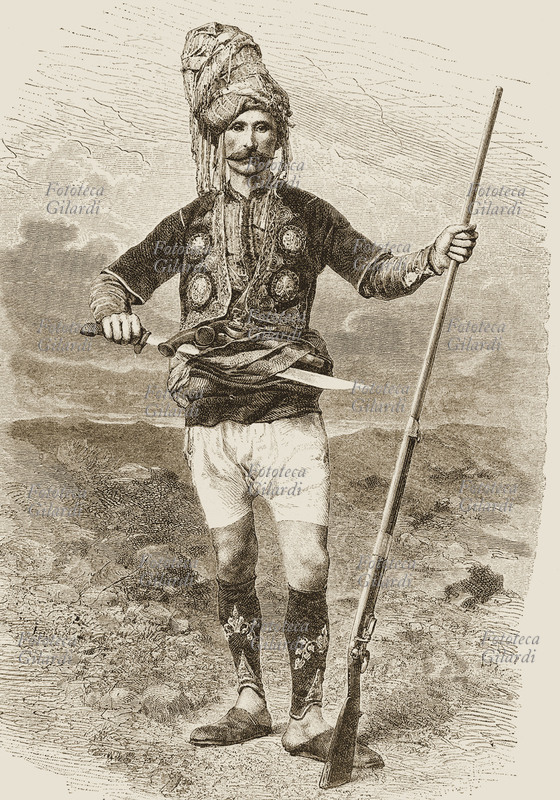 GUERRA TURCO-SLAVA divisa dello Zaptié, gendarme turco. Incisione da periodico divulgativo coevo. Turchia, novembre 1876