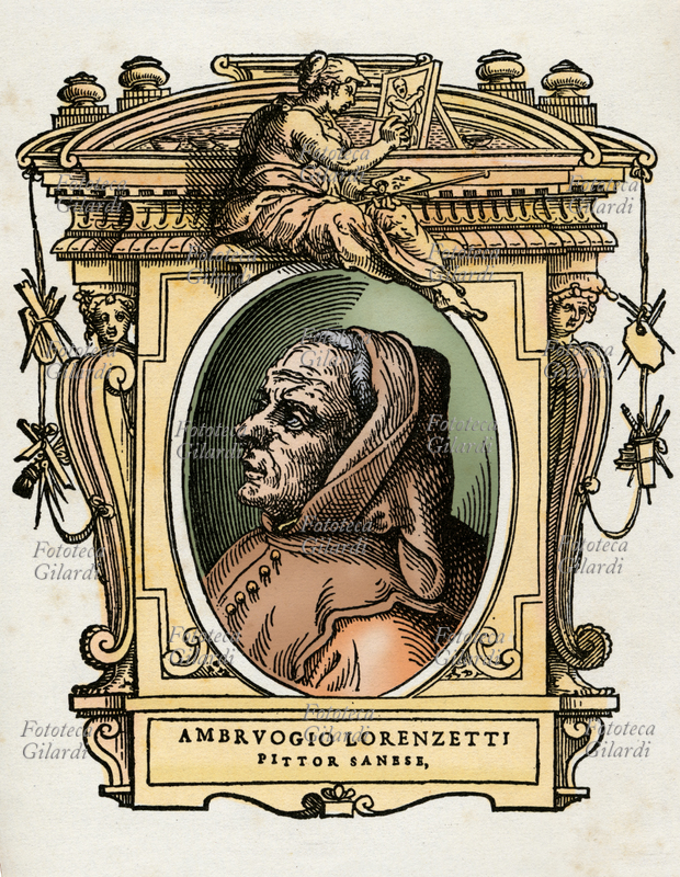 Ambrogio LORENZETTI (1290 circa - 1348) pittore italiano, uno dei maestri della scuola senese del Trecento. Fratello minore di Pietro Lorenzetti, fu attivo dal 1319 al 1348. Il ritratto è racchiuso in una cornice decorata con cariatidi che reggono gli strumenti dell\