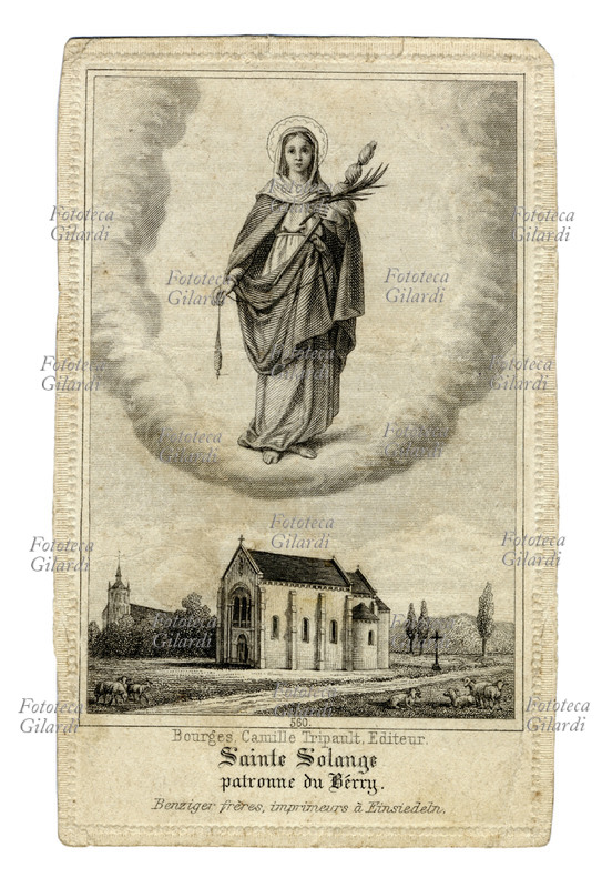 SANTA SOLANGE (863-879) Patrona di Bérry, Francia. Nata nei pressi di Bourges, semplice pastora, ella non aveva altro desiderio che fare la volontà di Dio. Festa 10/5. Incisione francese della metà del XIX secolo