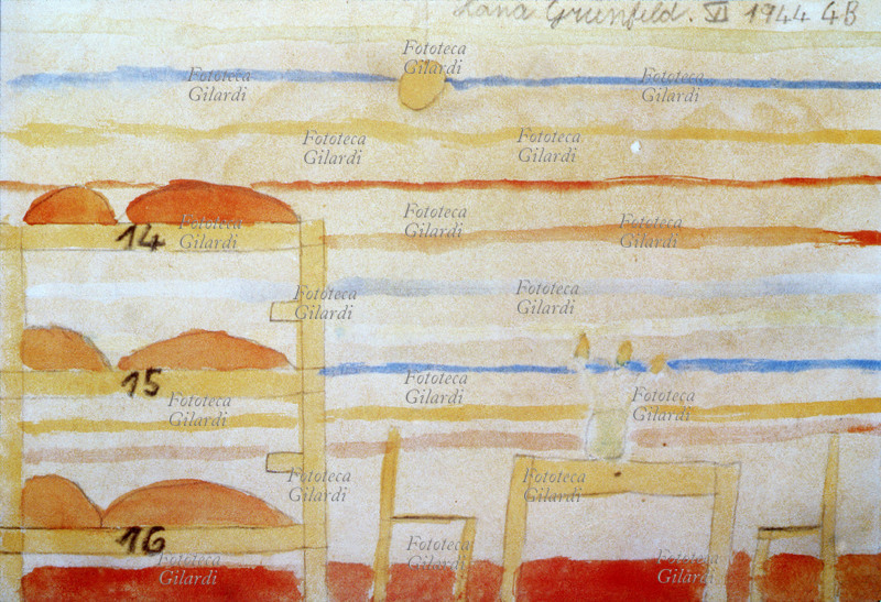 SHOAH Interno delle baracche nel campo di concentramento di Terezin. Disegno di una bambina ebrea cecoslovacca, rinchiusa nel campo di Terezin e morta ad Auschwitz nel 1944.