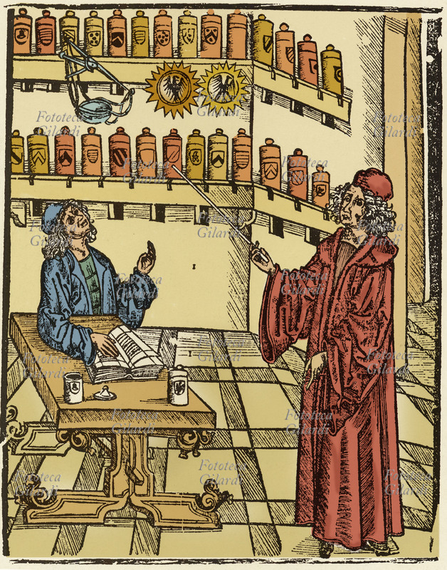 FARMACIA Il medico sceglie le medicine in presenza del farmacista. Xilografia tedesca da \