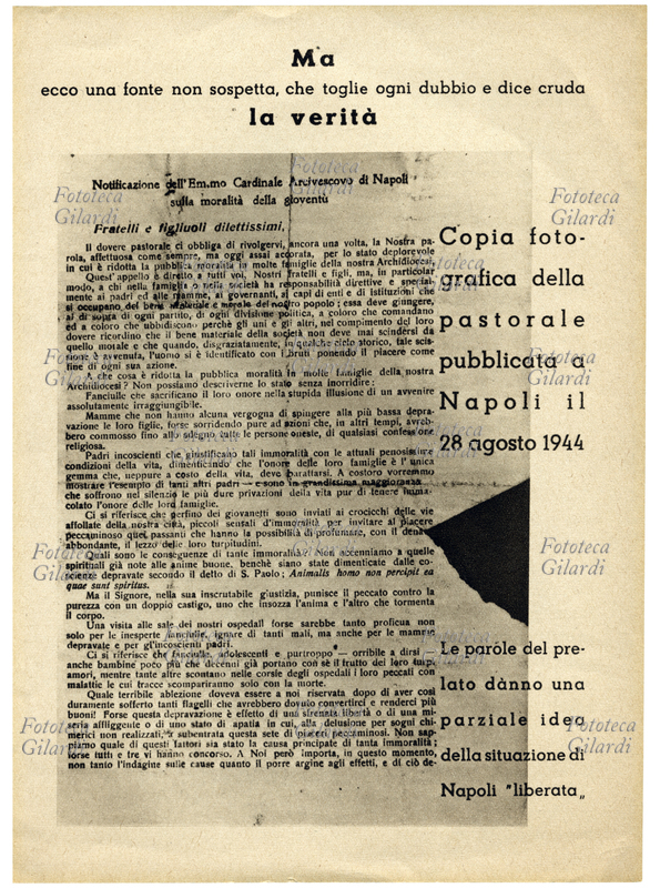 RSI PROPAGANDA - Copia fotografica della pastorale pubblicata a Napoli il 28 agosto 1944. Le parole del prelato danno una parziale idea della situazione di Napoli "liberata" - Fronte di manifestino di propagada della R.S.I.(vedi copertine e interno in #39240, #39241, #39242). Italia 1943-1945