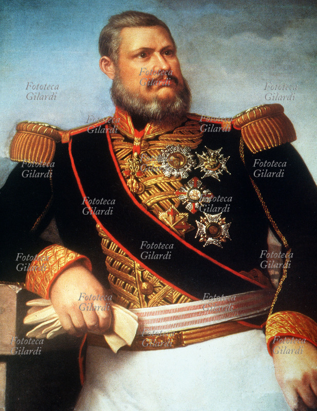 FERDINANDO II di Borbone (1810-59) re delle Due Sicilie dal 1830 al 1859; nel 1839 inaugurò la prima ferrovia italiana, la linea Napoli-Portici . Ritratto, litografia XIX secolo