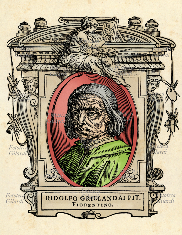 RIDOLFO del Ghirlandaio (4 febbraio 1483 - 1561) pittore italiano attivo a Firenze, figlio di Domenico Ghirlandaio. Il ritratto in ovale è racchiuso in una cornice decorata con figure allegoriche e strumenti delle arti. Illustrazione colorizzata su base xilografica del XVI secolo, dal trattato \