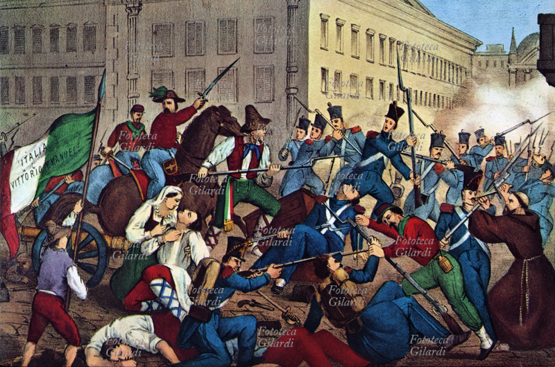 RISORGIMENTO Combattimenti garibaldini in Palermo, il Generale Giuseppe Garibaldi (4 luglio 1807 – 2 giugno 1882) raffigurato a cavallo con la spada sguainata, incita i suoi uomini alla battaglia. Stampa popolare XIX secolo.