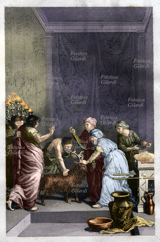 BIBLE Leviticus, Chapter 16: The Great Day of Atonement, "Capro emissary to sacrifice" (Colorized version of # 34019). Engraving from an edition of "The Bible" edited by Don Louis-Isaac Lemaistre Sacy (1613 - 1684), theologian, biblical scholar and humanist French. Paris, 1837