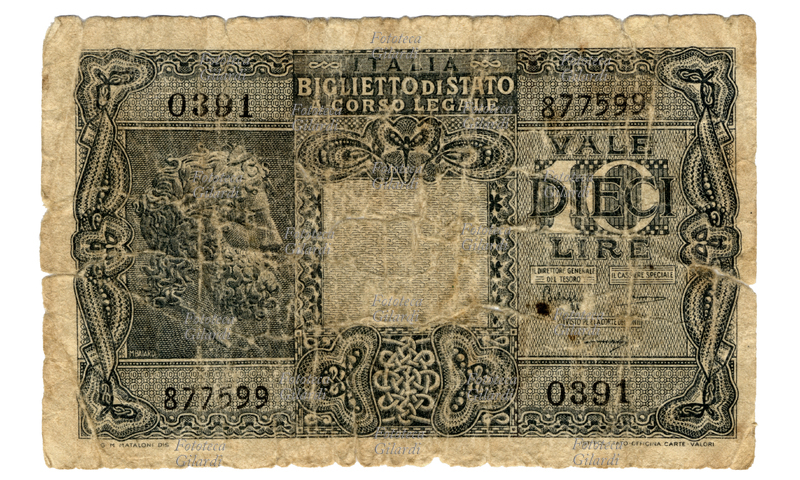 MONETA banconota da dieci lire - esemplare abbastanza consumato e con segni di usura, pieghe e tagli. Biglietto di Stato a corso legale, emissione, in base al decreto 20/05/1935 N. 874, del 1944.
