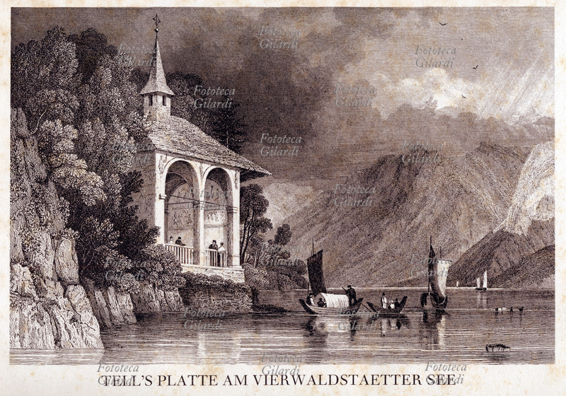 SVIZZERA Tellsplatte sul lago di Uri, Svizzera Tedesca, veduta che raffigura i luoghi dove si son svolte le leggendarie gesta dell\