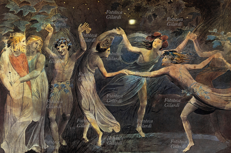 William SHAKESPEARE (1564-1616) Le fate danzano alla presenza di Oberon, Titania e Puck, stampa facsimile da acquerello di William Blake (1757-1827) ispirato a "Sogno di una notte di mezza estate", 1797 circa
