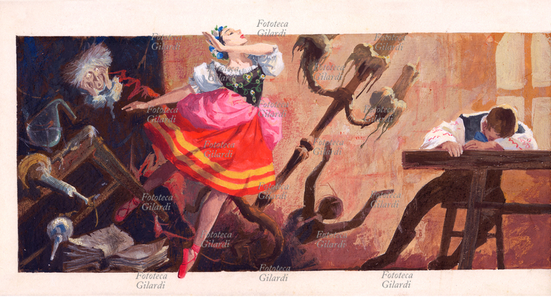 BALLETTO Swanilda, sorpresa da Coppelius nel suo laboratorio, si finge la bambola meccanica Coppelia e asseconda il mago-giocattolaio che pensa di trasferire in lei la vita sottraendola a Frantz, addormentato con una pozione; scena I dal II atto di "Coppélia o La ragazza dagli occhi di smalto", coreografia di Arthur Saint-Léon, musica di Léo Delibes, rappresentata per la prima volta nel 1870. Il libretto di Charles Nuitter e Arthur Saint-Léon è ispirato al racconto "L\