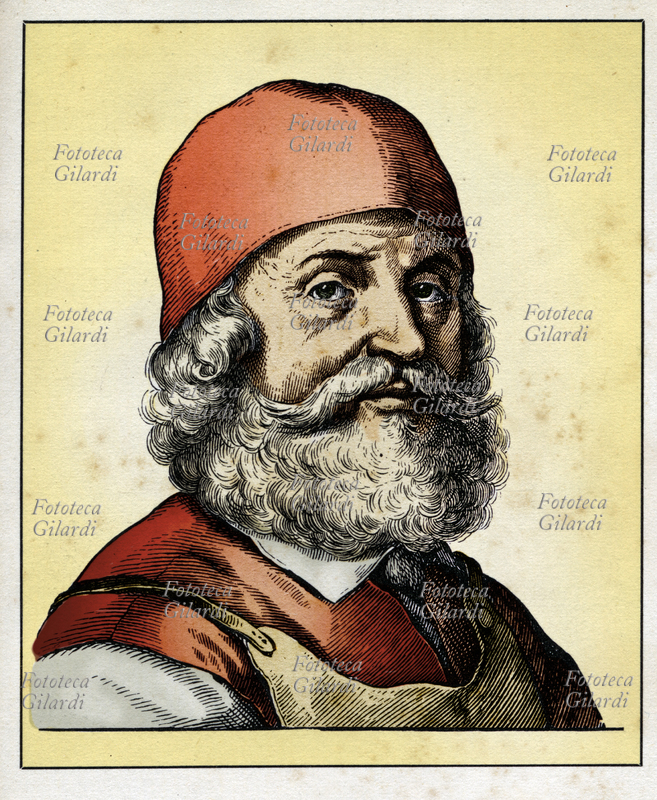 Peter VISCHER il Vecchio (c. 1455 - 1529) scultore tedesco di Norimberga, grande esponente della Scultura rinascimentale in Germania. Ritratto, versione colorata di una incisione di Hugo Bürkner (1818-1897), Germania 1854