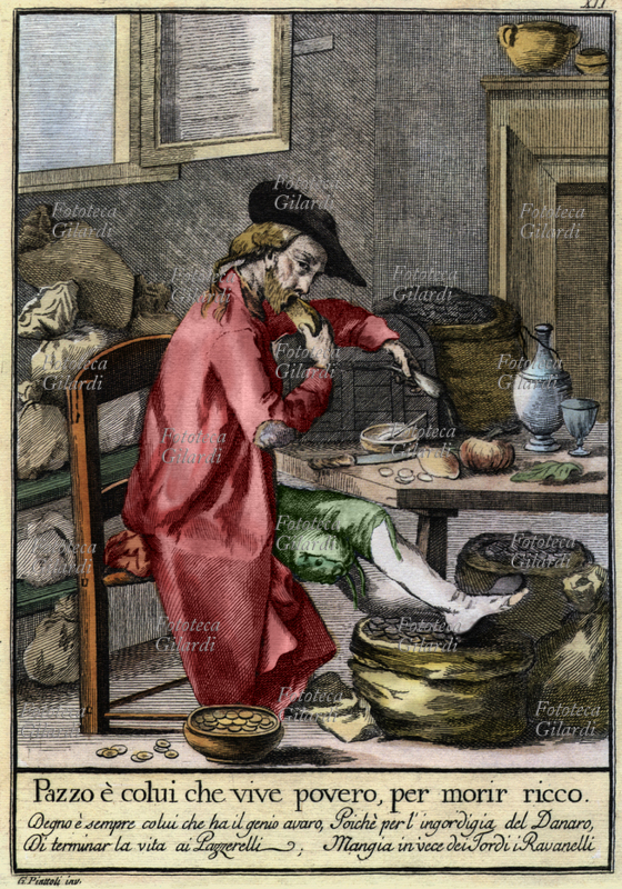 AVARIZIA Pazzo è colui che vive povero per morire ricco. (versione con calzino bucato) Stampa popolare colorata a mano di Piattoli XVIII secolo.