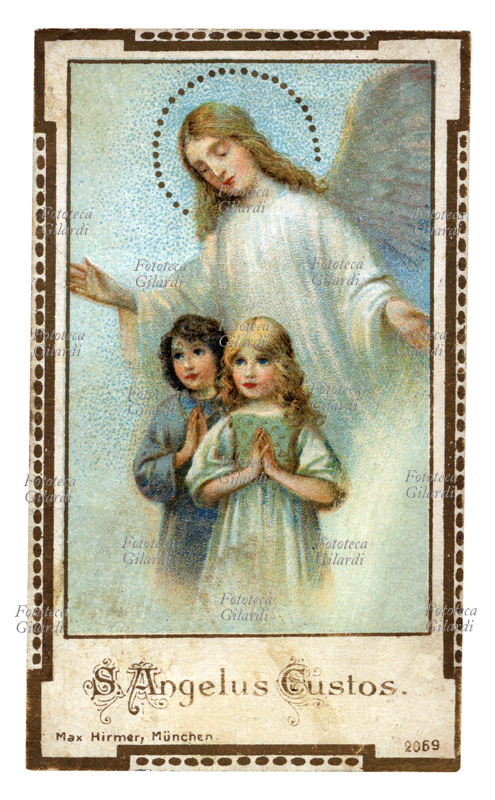 ANGELO CUSTODE veglia sulla preghiera di due bambini. Immaginetta cromolitografica, Germania 1900