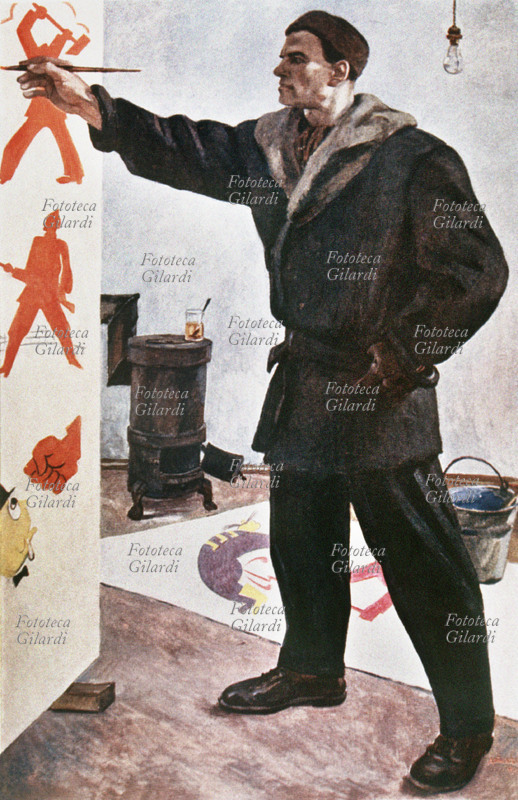 Vladimir Vladimirovic MAJAKOVSKIJ (1894-1930) poeta, artista, scenografo russo. Aderì giovanissimo alle idee rivoluzionarie e fu uno dei maggiori protagonisti della nuova cultura sovietica; sostenne il movimento cubo - futurista. Ritratto all\