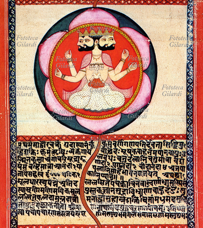 INDIA Immagine miniata da un libro sacro raffigurante il secondo Chakra rappresentato come un loto a sei petali con al centro la divinità a quattro teste Brahma. I Chakra vengono assimilati al Loto, questo perché benché esso nasca da acque stagnanti e putrescenti, dà origine ad un fiore bellissimo e candido. Proprio per tale peculiarità è considerato un simbolo di purezza: nato dal fango ma non macchiato da esso. Nella simbologia indiana le acque stagnanti rappresentano l\