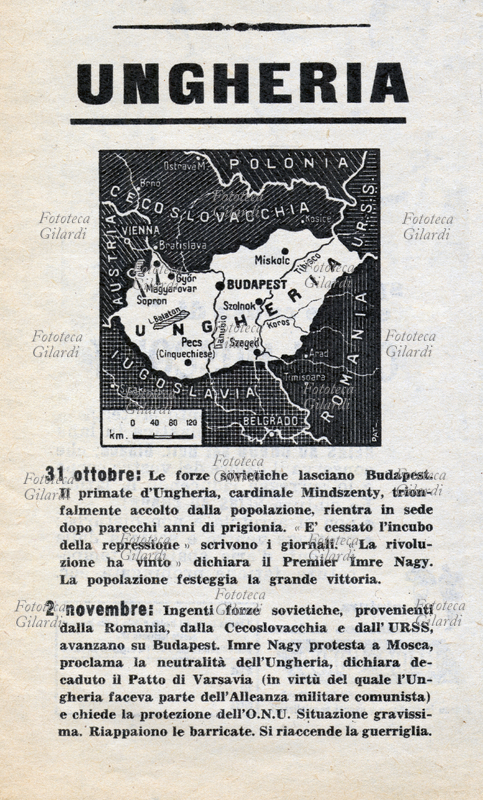RIVOLUZIONE UNGHERESE mappa e descrizione del susseguirsi di eventi durante la rivolta in Ungheria. "31 ottobre: Le forze sovietiche lasciano Budapest. Il primate d\