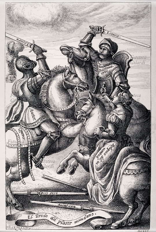 CAVALIERI Allegoria della Cavalleria, raffigurante due cavalieri in combattimento incitati da una dama a cavallo. Incisione di Huyot su disegno di Bertrand da \