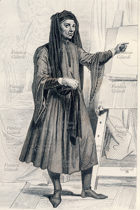 GIOTTO (1266-1337) pittore ed architetto. Ritratto a figura intera, davanti al cavalletto che porta il famoso disegno del cerchio perfetto: la O di Giotto. Incisione di J.J.M.A. Dévéria (1800-1857), XIX secolo.